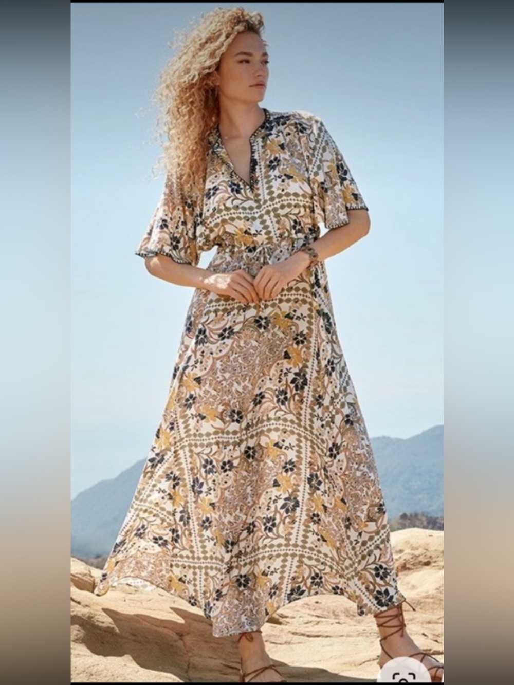 Johnny Was 100% Silk Drawstring Waist Bohemian Maxi Dress XS Neutral